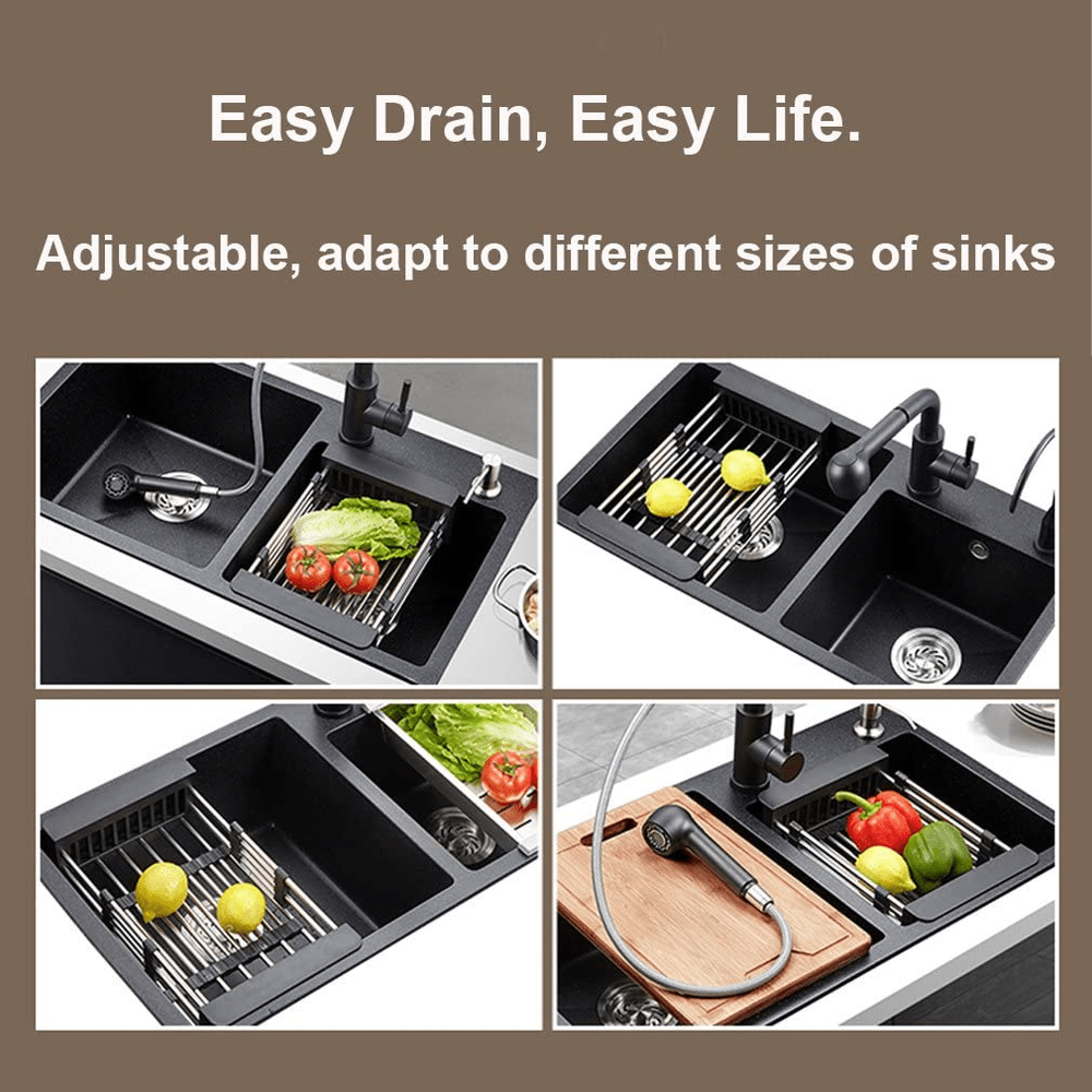 Adjustable Basket Drain Tray for Dish/Fruit - Black