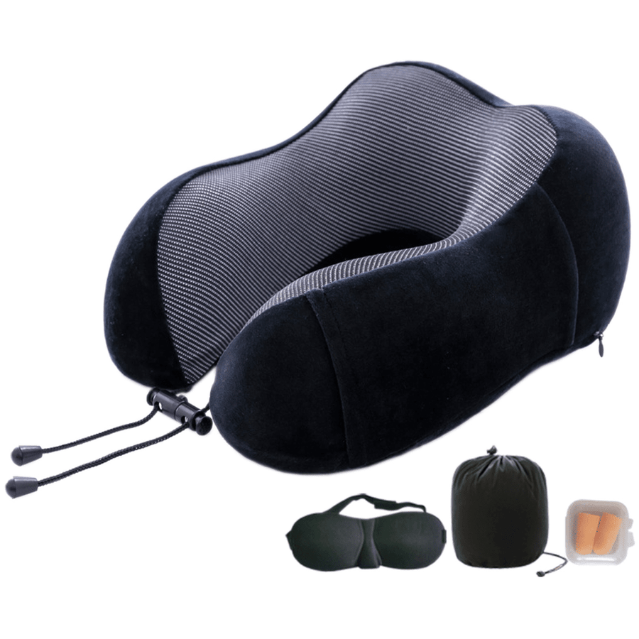 4 pcs.  Airplane Travel Kit with Neck Pillow, Eye Masks, Earplugs - Black