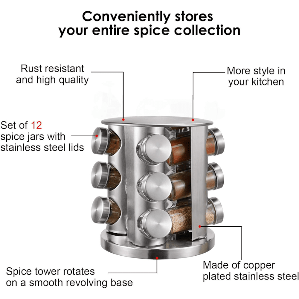 Revolving 12-Jar Countertop Spice Rack - Stainless Steel