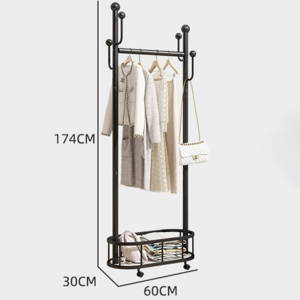 Clothes Rack On Wheels with Storage Basket - Black