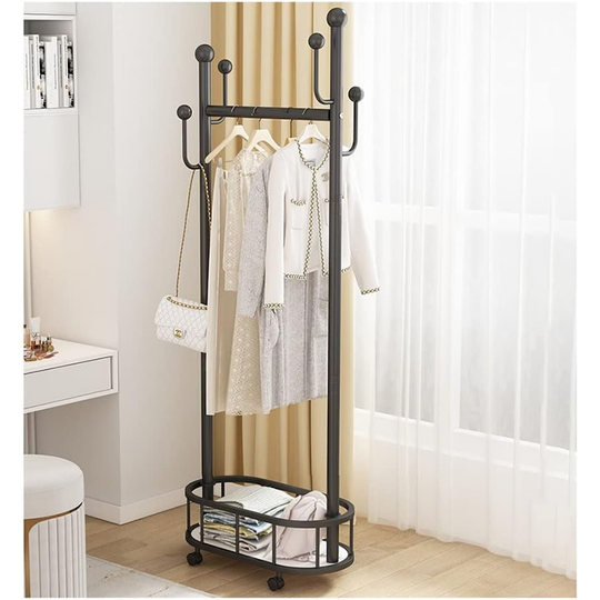 Clothes Rack On Wheels with Storage Basket - Black 