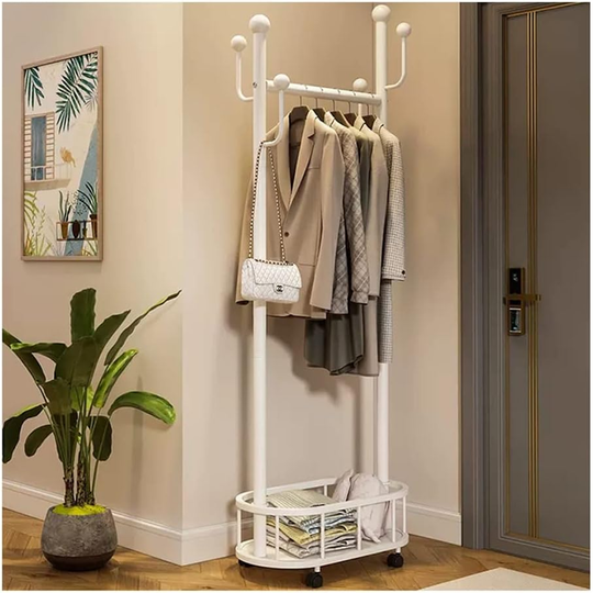 Clothes Rack On Wheels with Storage Basket - White