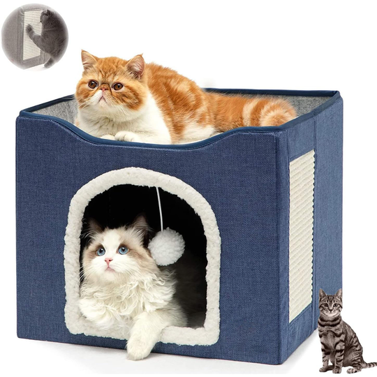 Cat Cave with Hanging Ball and Scratch Pad - Blue