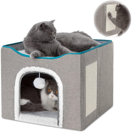 Cat Cave with Hanging Ball and Scratch Pad - Grey