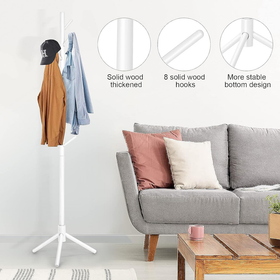 Solid Wood Coat Rack with 8 Hooks - White