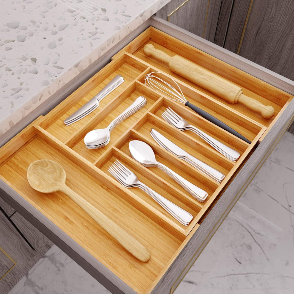 Bamboo Expandable Drawer Organizer for Utensils - 9 Compartments