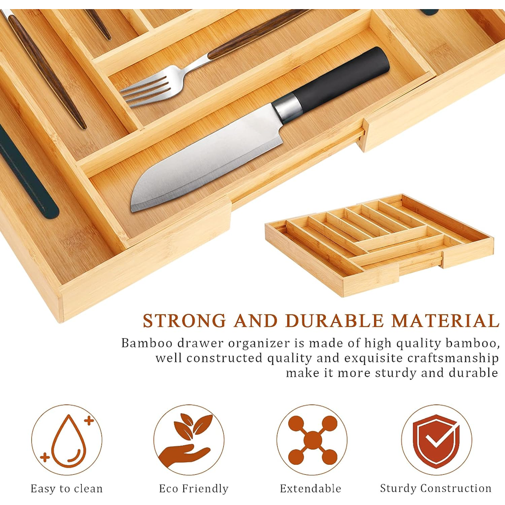 Bamboo Expandable Drawer Organizer for Utensils - 9 Compartments