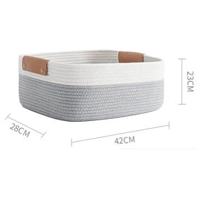 Woven Rope Basket with PU Handles - White/Grey
