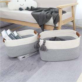 Woven Rope Basket with PU Handles - White/Grey