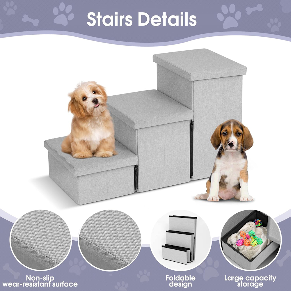 3-Tier Non-Slip Pet Stairs with Storage Organizer