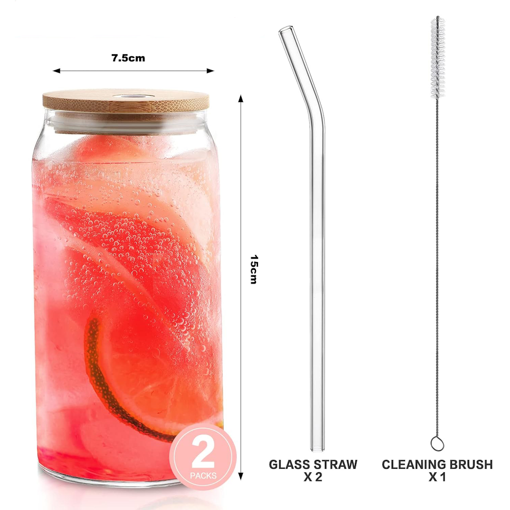 2pk Drinking Glass Cup with Bamboo Lid and Straw Set