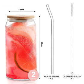 2pk Drinking Glass Cup with Bamboo Lid and Straw Set