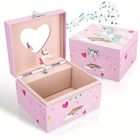 Girl's Musical Jewelry Storage Box with Spinning Unicorn - Pink
