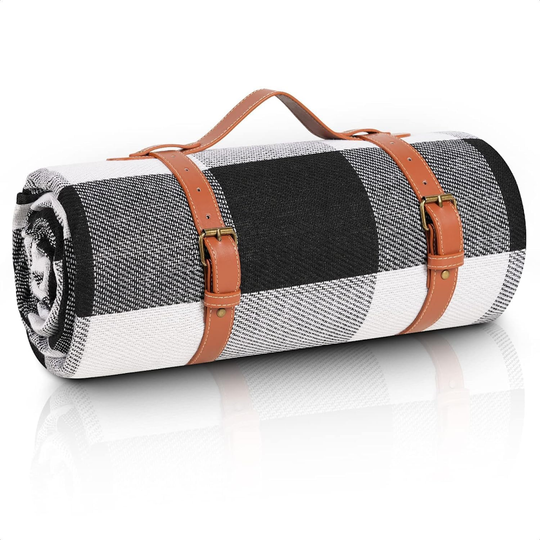 2m x 2m Portable Picnic Blanket with Comfort Carry Strap - Black Striped