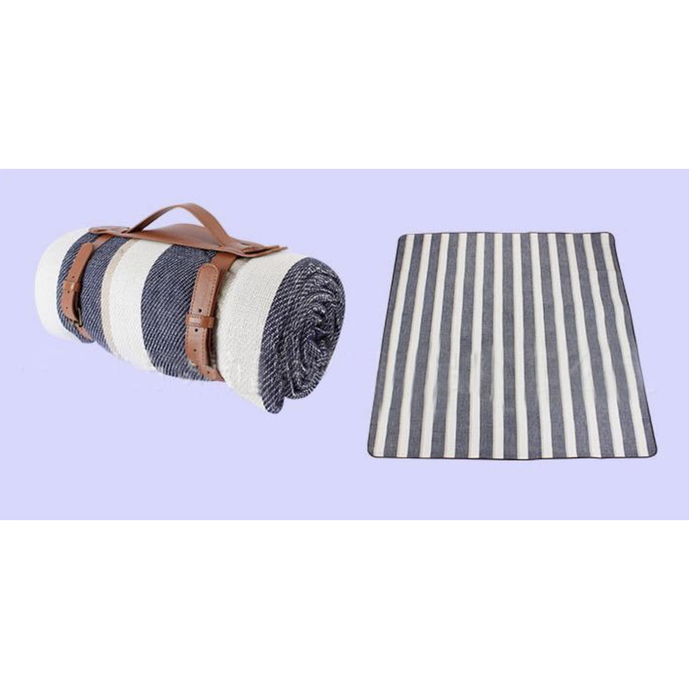 2m x 2m Portable Picnic Blanket with Comfort Carry Strap - Blue Striped