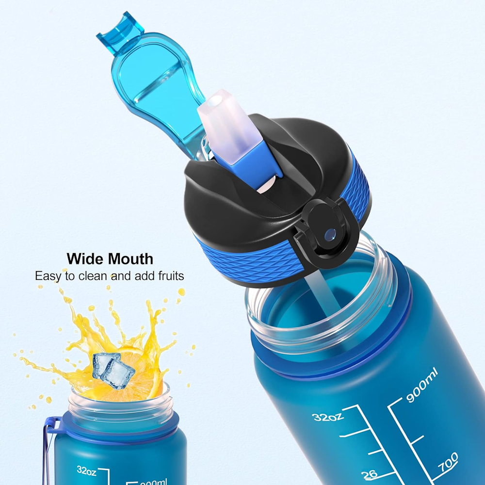 1L Motivational Water Bottle with Straw & Time Marker - Blue