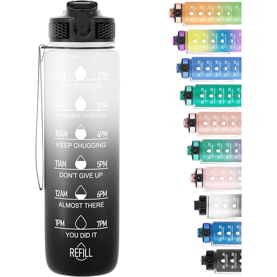 1L Motivational Water Bottle with Straw & Time Marker - Black